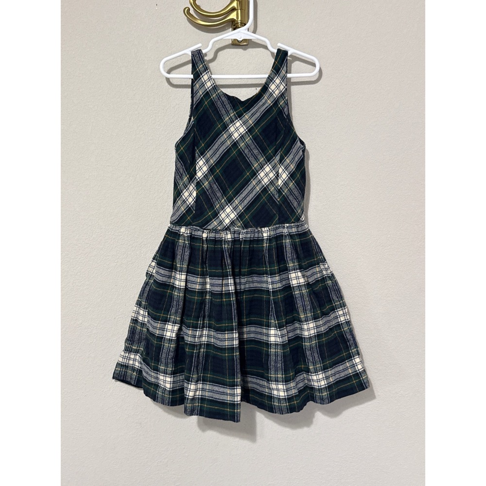 Polo Ralph Lauren Plaid Flannel Dress Girls 7 Green Navy Tartan Button Back